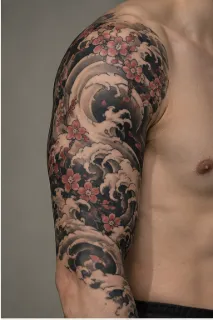 Japanese style wave and cherry blossom shoulder sleeve tattoo