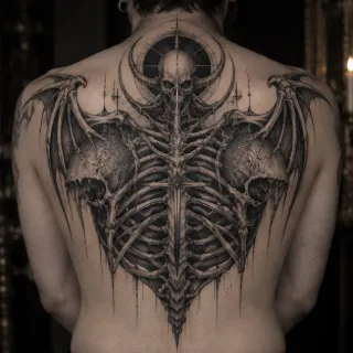 Dark surreal skull and ribcage wings back tattoo
