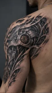 Biomechanical robotic metal parts shoulder tattoo