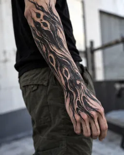 Abstract blackwork flowing organic shapes forearm and hand tattoo