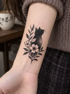 Blackwork cat and floral forearm tattoo