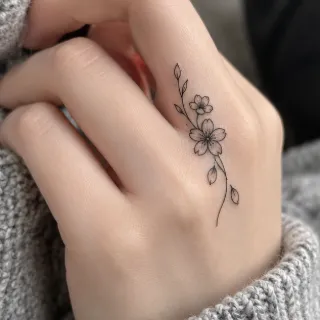 Fine line floral branch finger tattoo