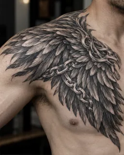 Black and grey eagle wing and chain chest shoulder tattoo