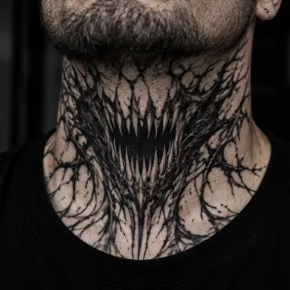 Dark biomechanical monster mouth neck tattoo