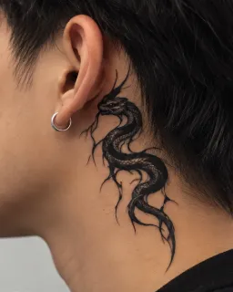 Blackwork dragon behind the ear neck tattoo