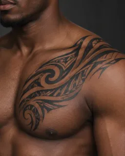 Tribal style blackwork chest and shoulder tattoo