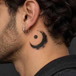 Black ink brushstroke crescent moon and dot neck tattoo