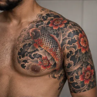 Japanese koi fish and flower chest and shoulder tattoo