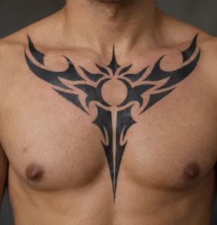 Blackwork tribal style chest tattoo
