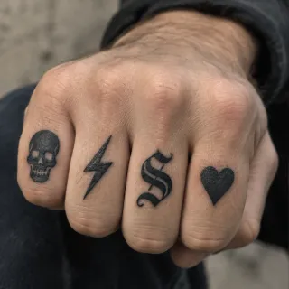 Blackwork skull lightning bolt letter and heart knuckle tattoo