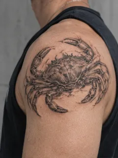 Detailed black and grey crab shoulder tattoo
