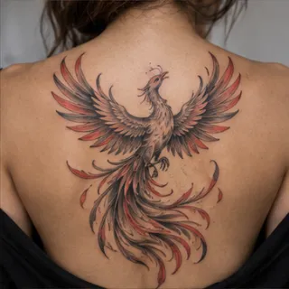 Detailed phoenix bird with red accents back tattoo