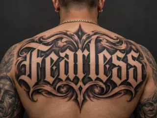 Fearless lettering with ornamental filigree back tattoo