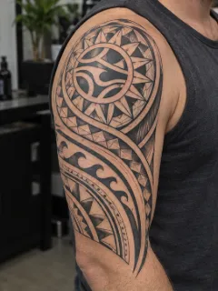 Polynesian tribal sun and wave pattern shoulder tattoo