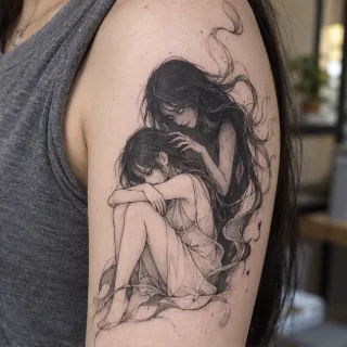 Fine line surreal figure and shadow spirit upper arm tattoo