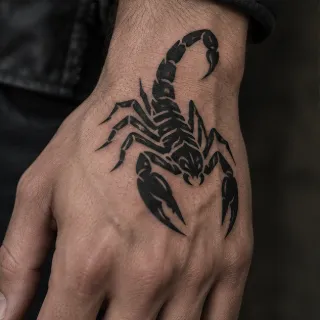 Blackwork scorpion hand tattoo