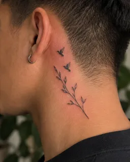 Fine line birds and branch neck tattoo