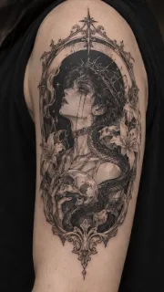 Gothic portrait with skull snake and flowers upper arm tattoo
