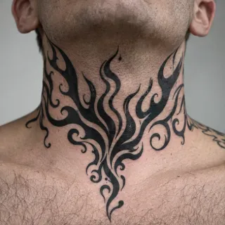 Blackwork tribal flame style neck tattoo