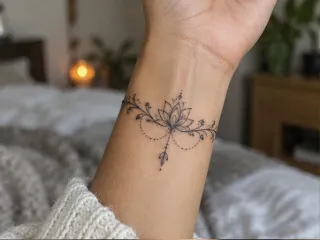 Fine line lotus flower and ornamental bracelet wrist tattoo