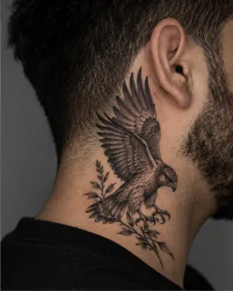 Realism hawk and branch neck tattoo