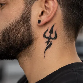 Blackwork trident symbol neck tattoo