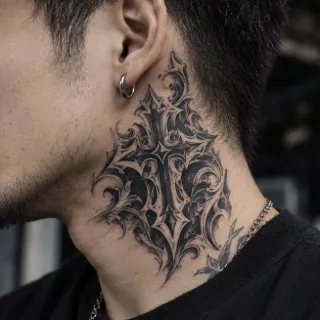 Ornate gothic cross with filigree neck tattoo