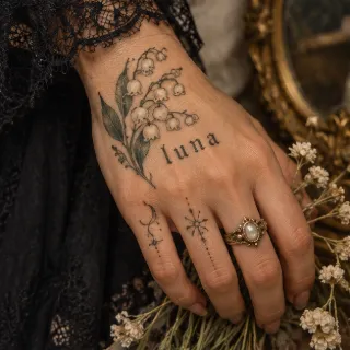 Fine line lily of the valley and lettering hand tattoo