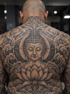 Black and grey buddha and lotus full back tattoo