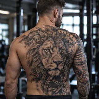 Realism lion and clock face full back tattoo