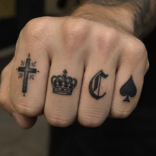 Cross crown letter and spade knuckle finger tattoo