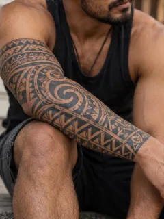 Polynesian tribal pattern forearm sleeve tattoo