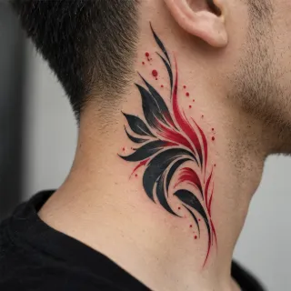 Abstract black and red brushstroke style neck tattoo