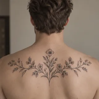 Fine line botanical floral upper back tattoo