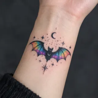 Small colorful galaxy bat and stars wrist tattoo