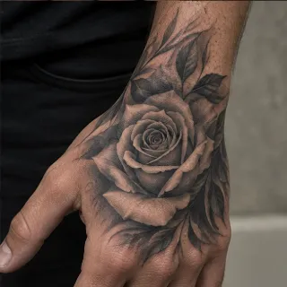 Black and grey realism rose hand tattoo