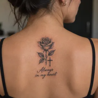 Fine line rose cross and script upper back tattoo