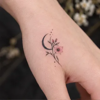 Minimalist crescent moon and flower hand tattoo