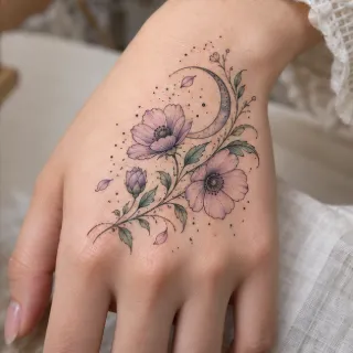 Fine line floral and crescent moon hand tattoo
