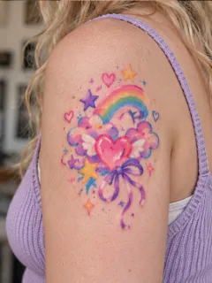 Watercolor rainbow heart with wings and stars upper arm tattoo