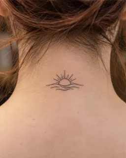 Minimalist fine line sun and ocean waves neck tattoo