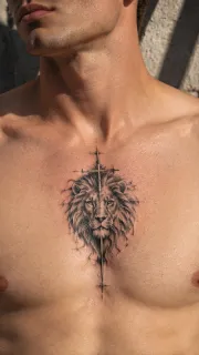 Realism lion head and cross sternum chest tattoo
