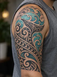 Polynesian tribal whale tail and wave upper arm tattoo