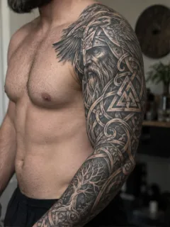 Norse warrior raven and tree of life sleeve tattoo