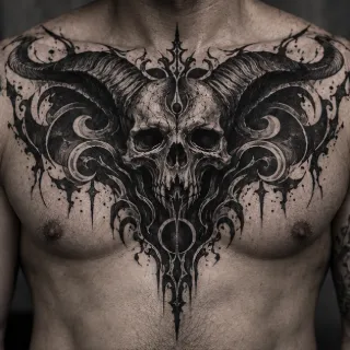 Dark blackwork horned skull chest tattoo
