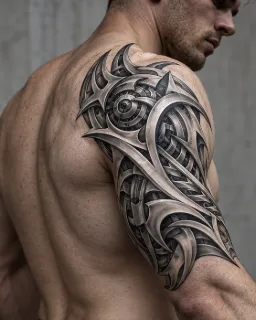 Biomechanical mechanical eye and sharp tribal shoulder tattoo