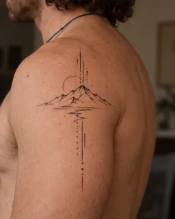 Fine line mountain and sun shoulder tattoo