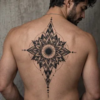 Geometric mandala and sunburst back tattoo