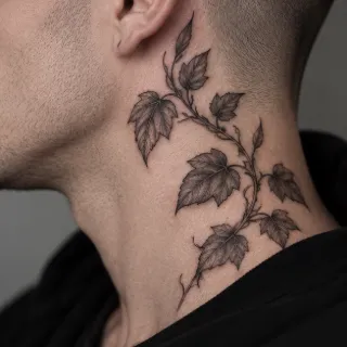Fine line botanical vine and leaves neck tattoo