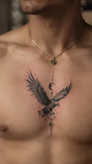 Fine line eagle with moon and star chest tattoo